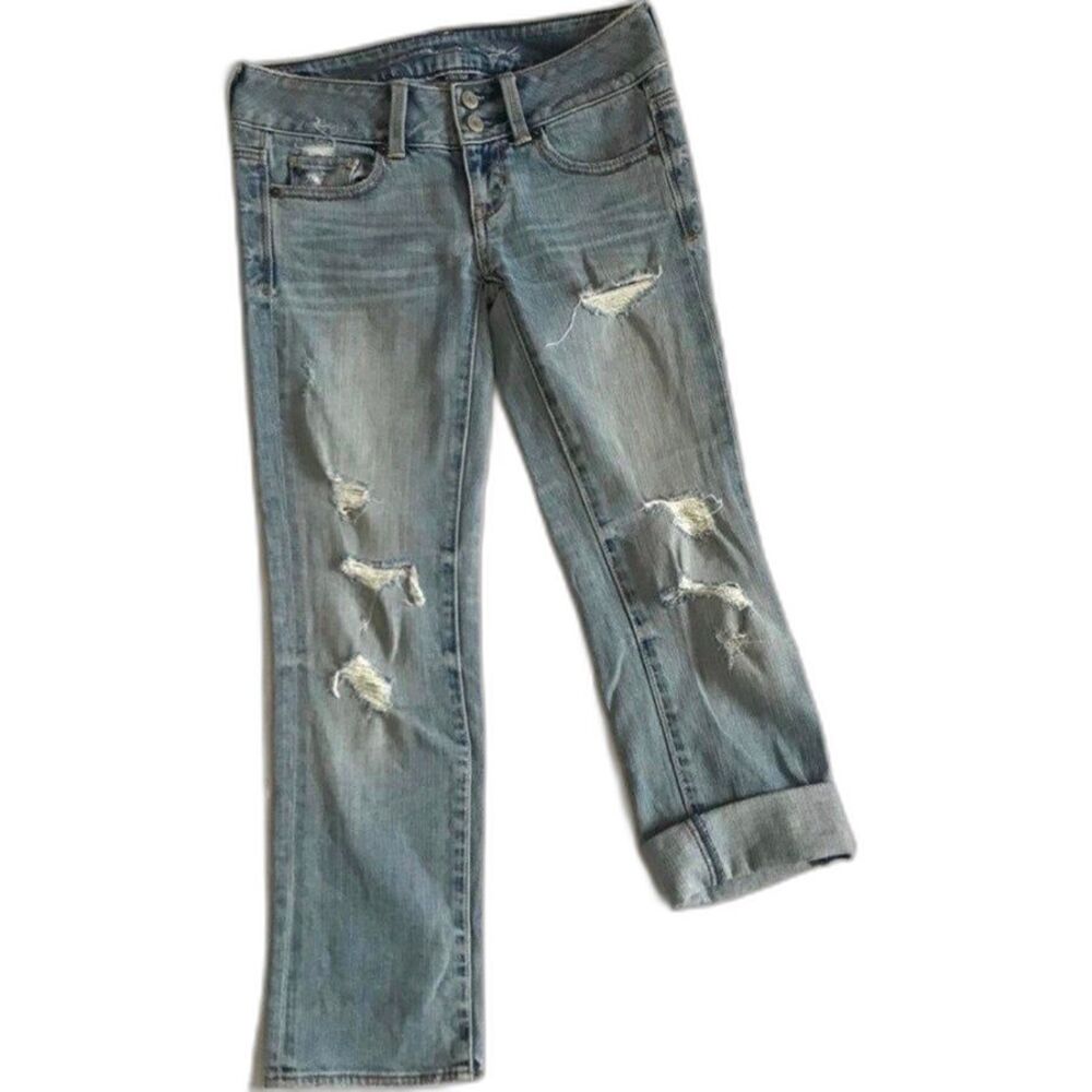 American Eagle Artist Stretch Crop Jeans Distressed Destroyed Sz 00 Low Rise AEO